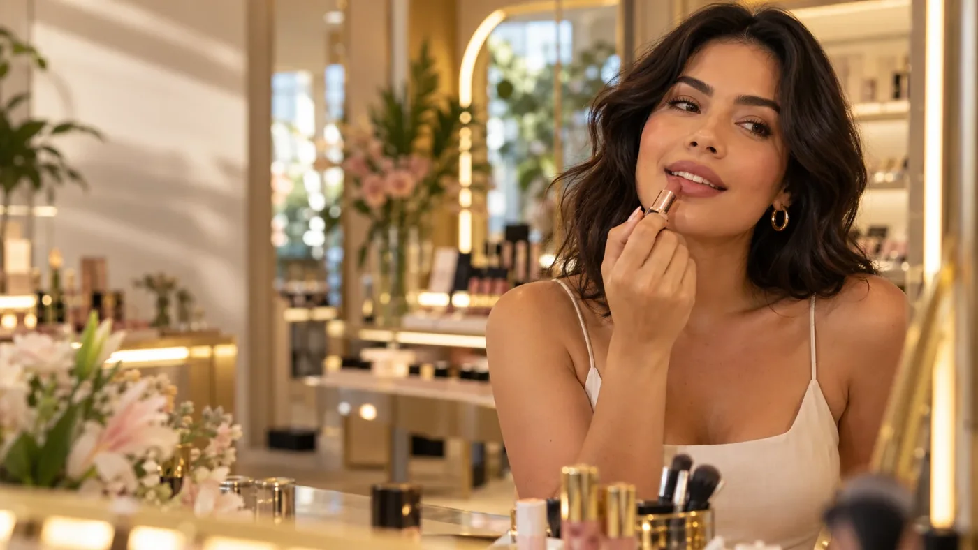 Mujer aplicando labial en tienda de maquillaje en Medellín Mujer aplicando labial en tienda de maquillaje en Medellín