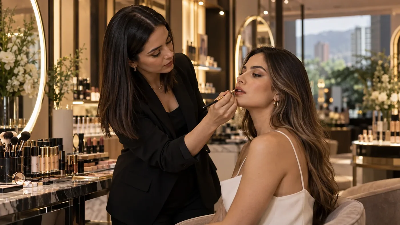 Mujer aplicando labial de forma natural en tienda de maquillaje en Medellín Mujer aplicando labial de forma natural en tienda de maquillaje en Medellín