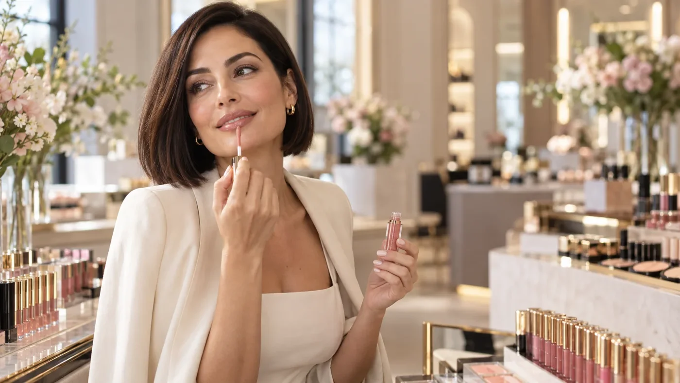 Mujer aplicando gloss en tienda de maquillaje en Medellín Mujer aplicando gloss en tienda de maquillaje en Medellín