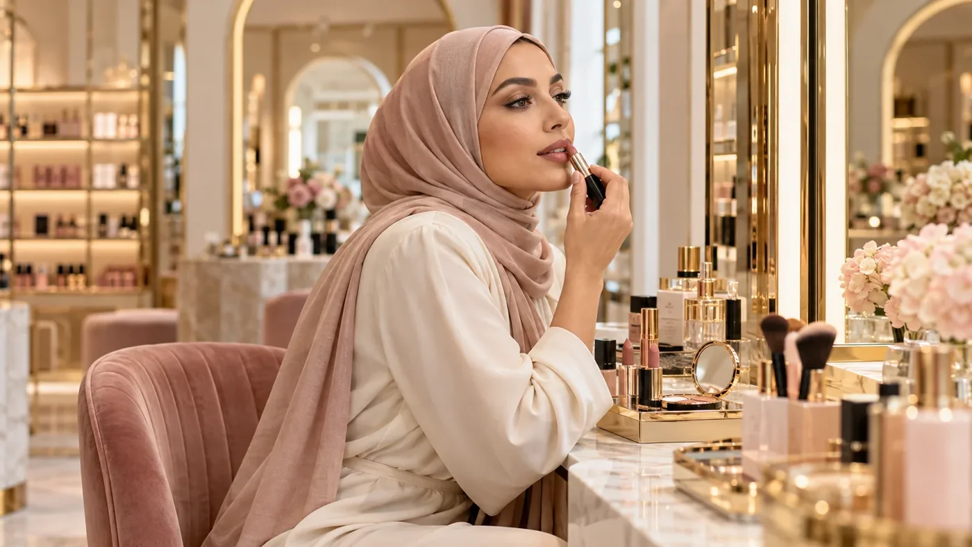 Mujer con hiyab aplicando labial en tienda de maquillaje en Medellín Mujer con hiyab aplicando labial en tienda de maquillaje en Medellín