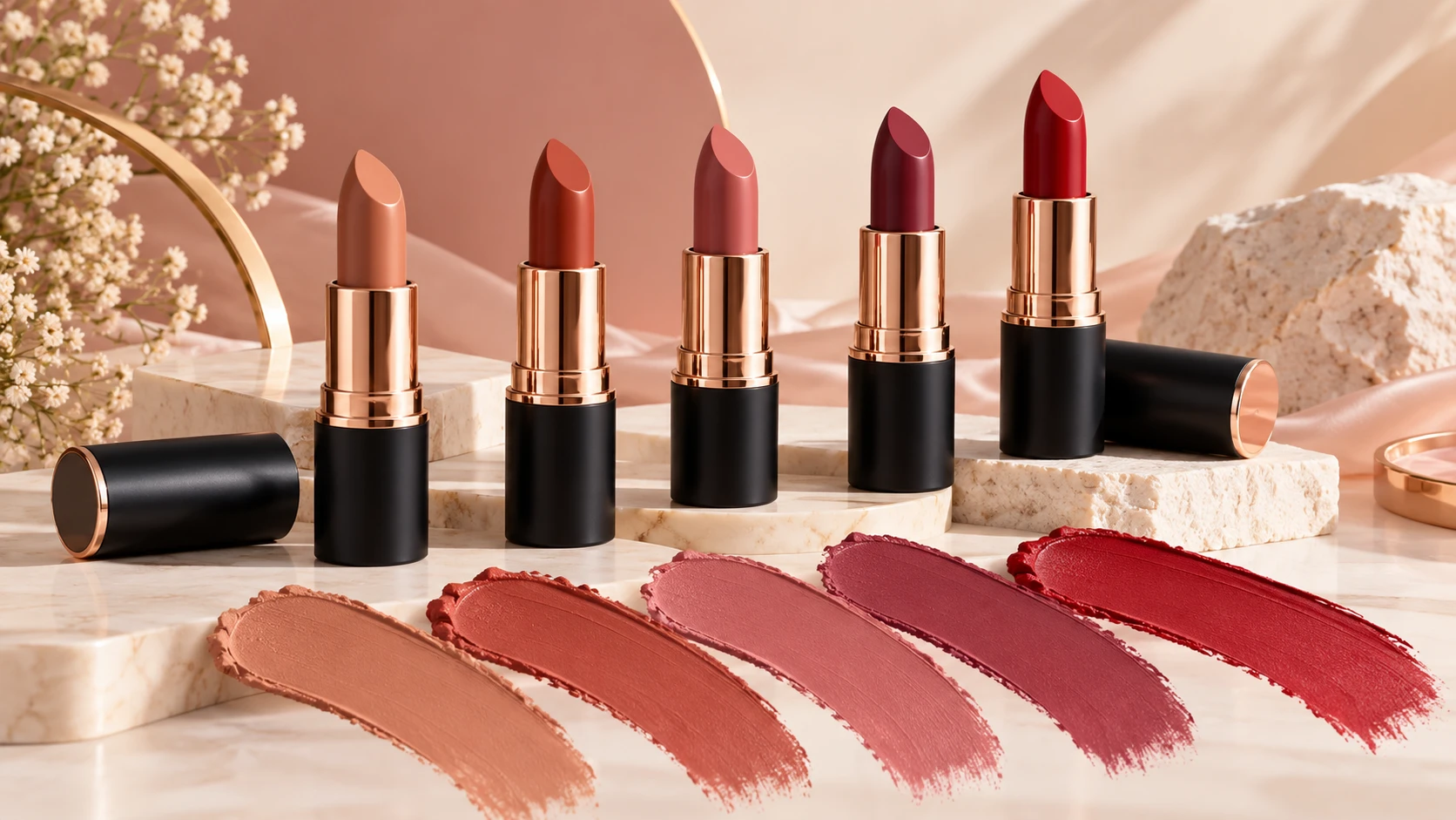 Labiales mate en tonos nude, terracota, rosado, berry y rojo