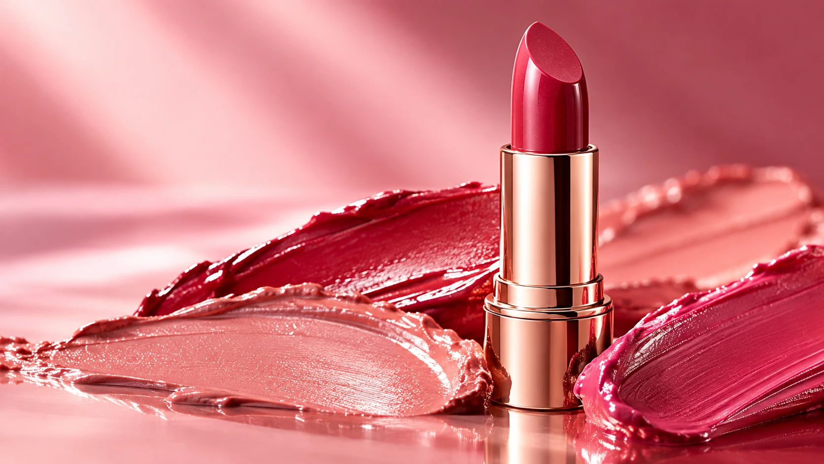 Labial cremoso y muestras de tonos rosados y rojos
