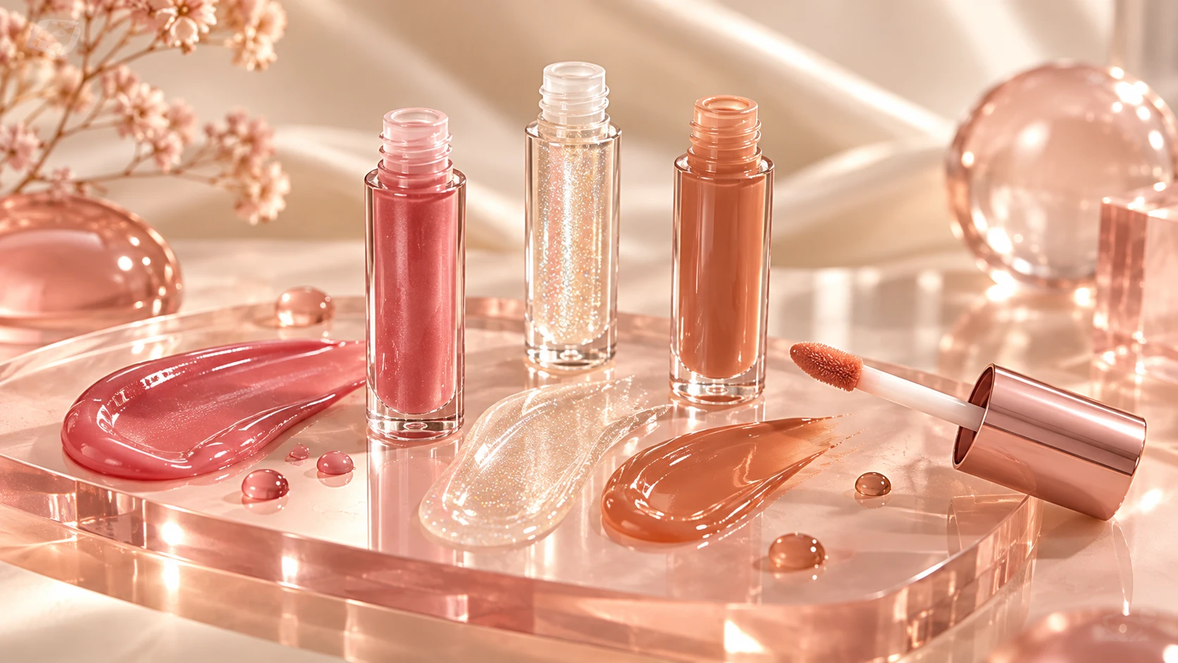 Brillos labiales gloss con acabados transparentes y rosados