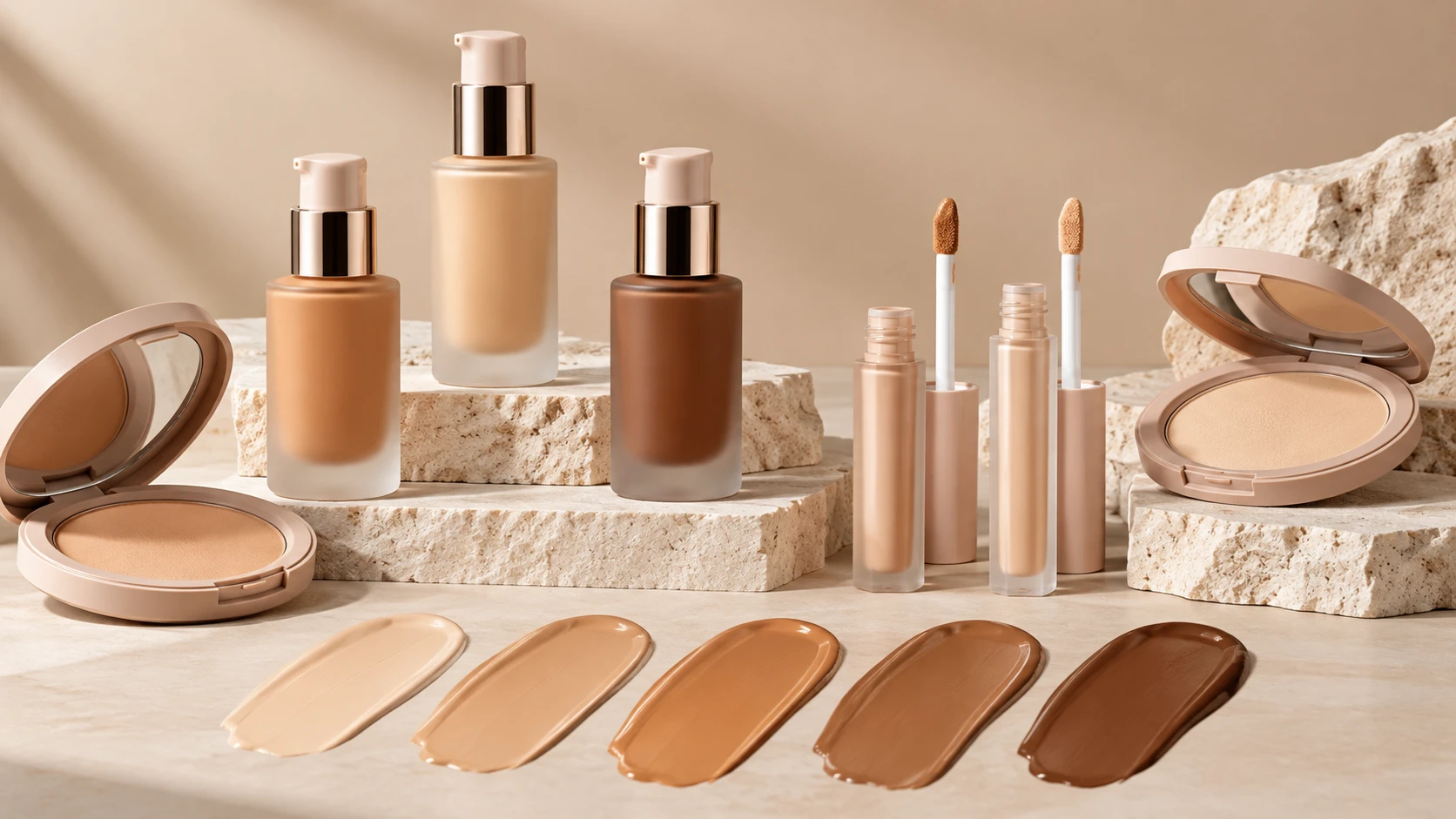Bases y correctores con muestras de tonos de maquillaje para rostro
