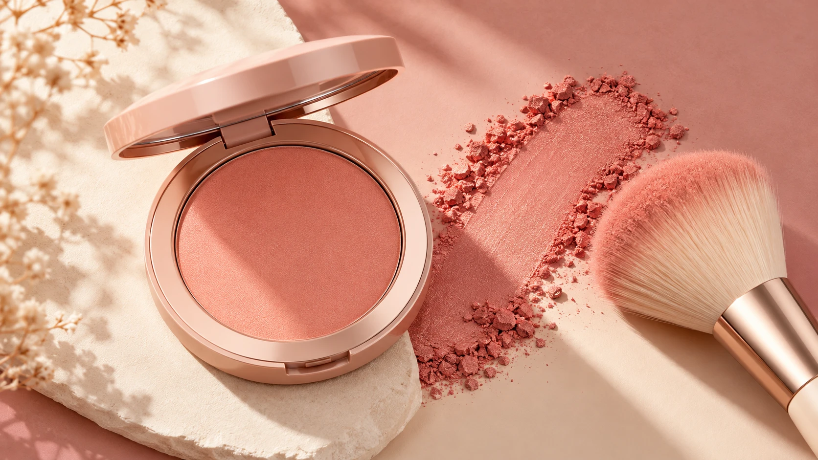 Rubor durazno y brocha de maquillaje